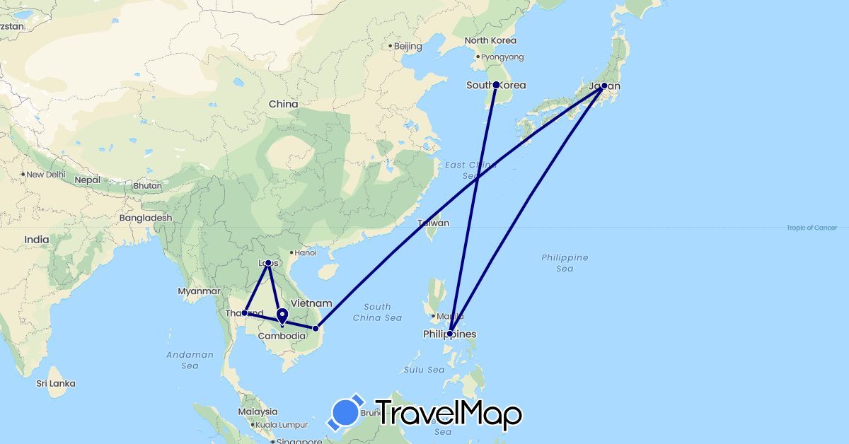 TravelMap itinerary: driving in Japan, Cambodia, South Korea, Laos, Philippines, Thailand, Vietnam (Asia)